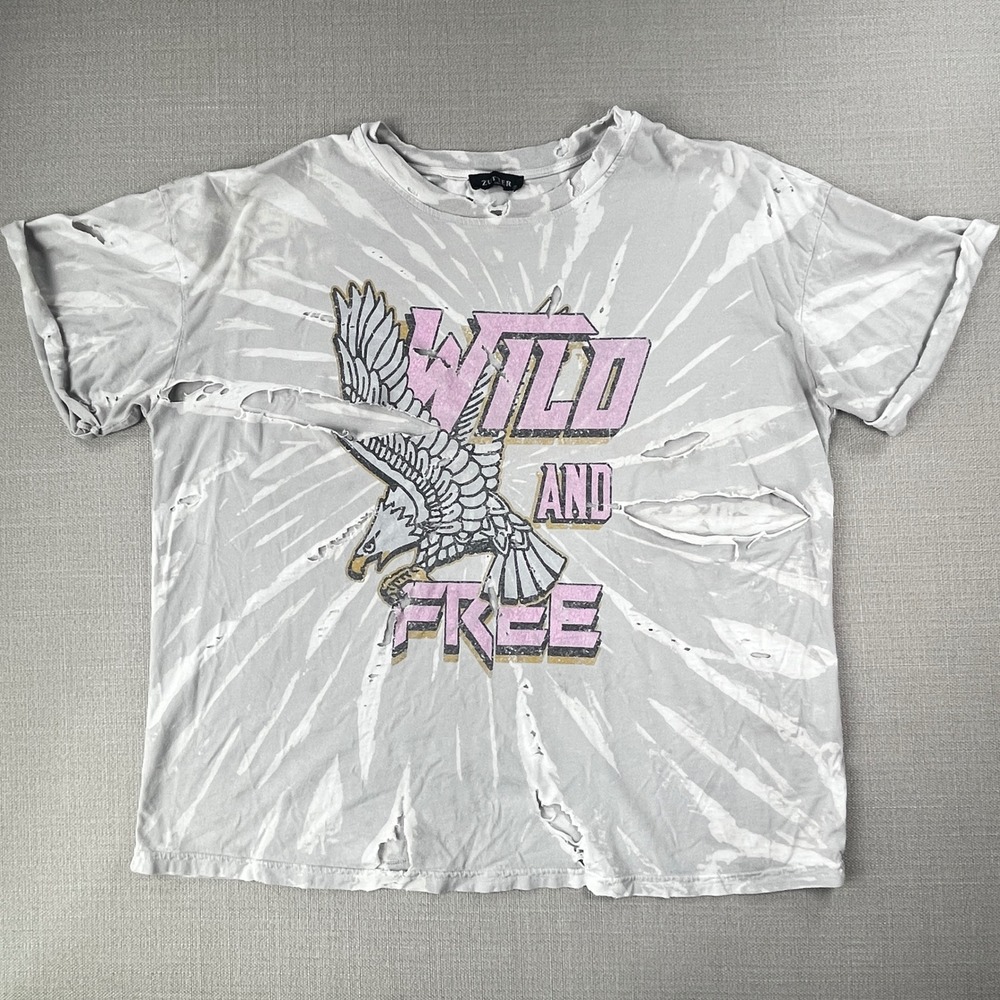 Zutter T-Shirt Women Small‎ Gray Tie Dye Wild and Free Eagle Distressed Graphic